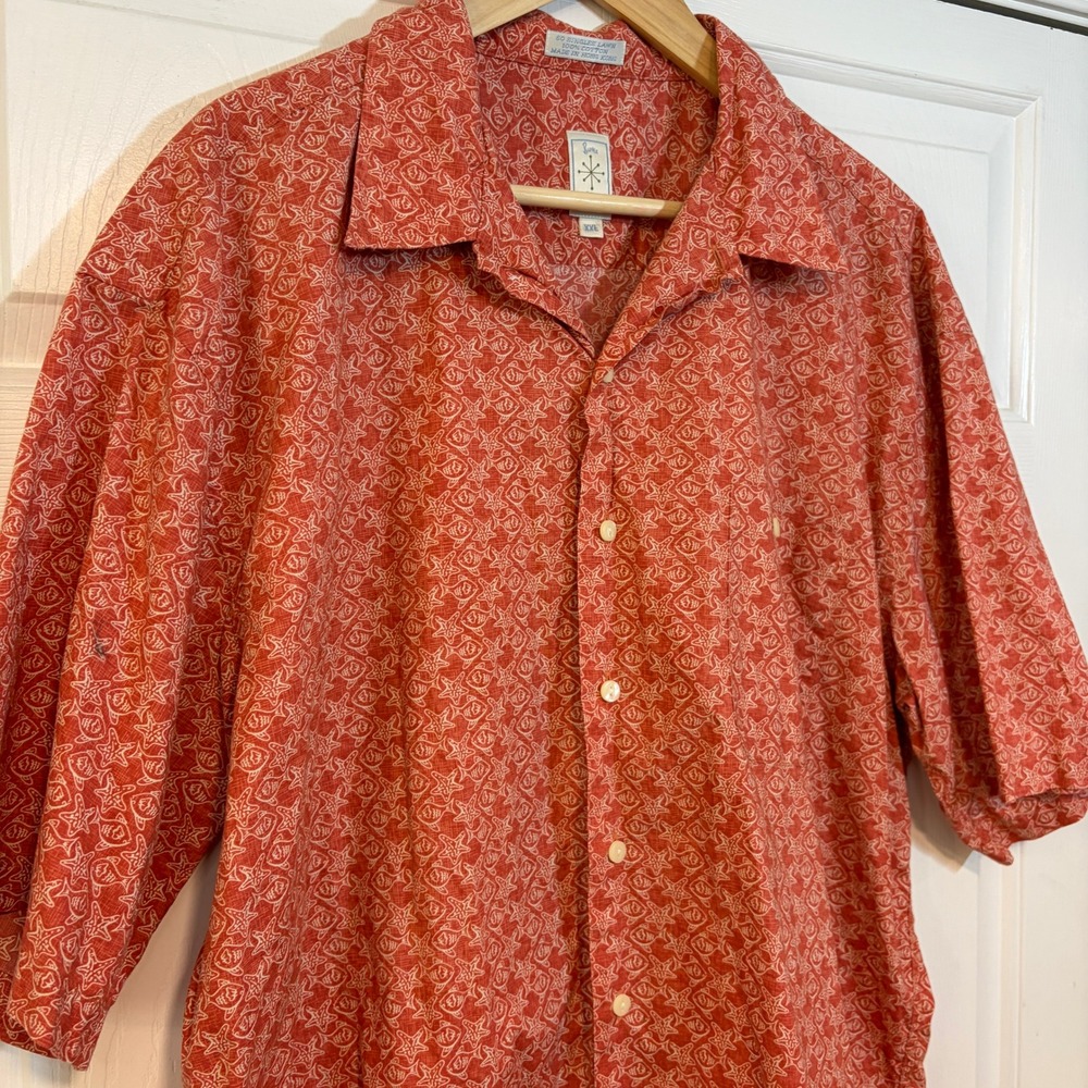 Burma Bibas Mens XXL Red Starfish Fish Print 60 Singles Lawn Cotton Button Shirt